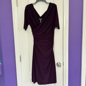 LRL LAUREN RALPH LAUREN Purple Eggplant V-Neck Ruched Bodycon Dress Size 10
